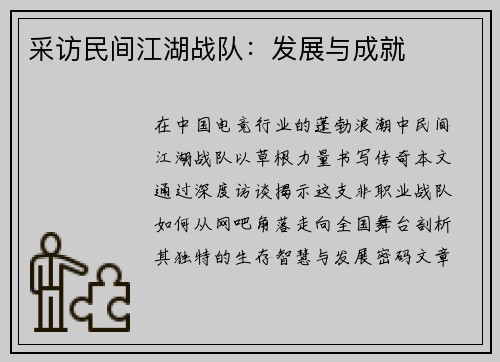 采访民间江湖战队：发展与成就