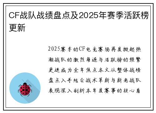 CF战队战绩盘点及2025年赛季活跃榜更新