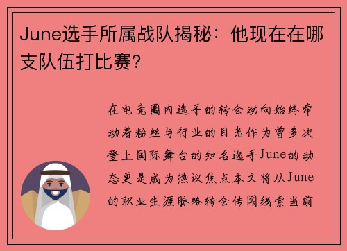 June选手所属战队揭秘：他现在在哪支队伍打比赛？